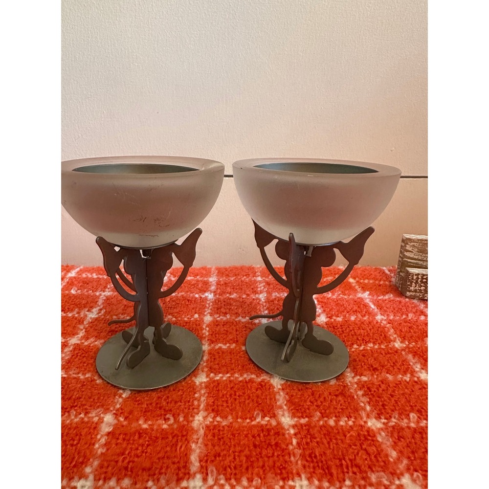 Disney Mickey Mouse Frosted Glass Votive Candle Holder Set Metal Base 2pc